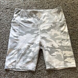 Gray and White Bike Shorts with Camouflage Pattern
